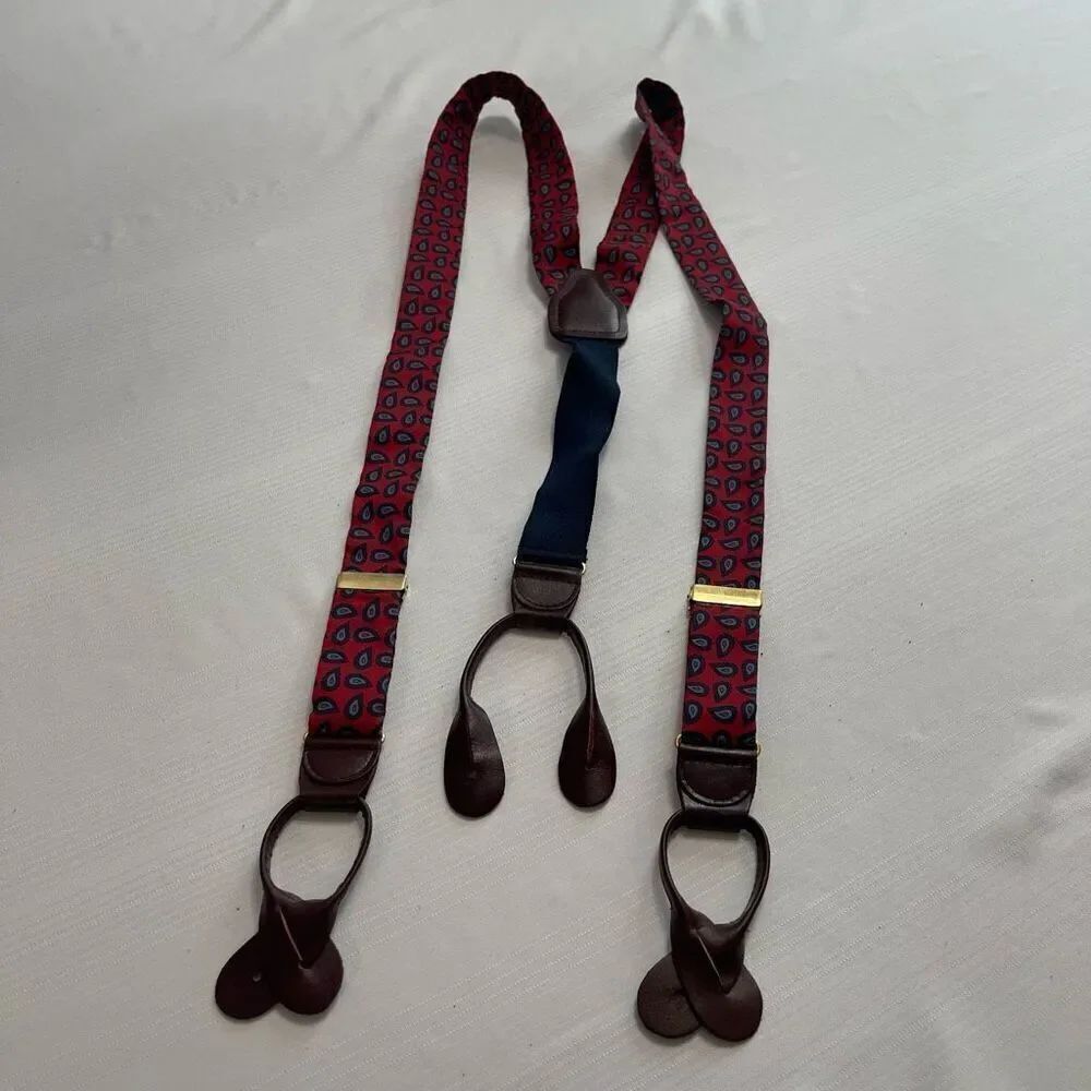 CAS Germany Red Navy Blue Paisley Leather Tabs Suspenders